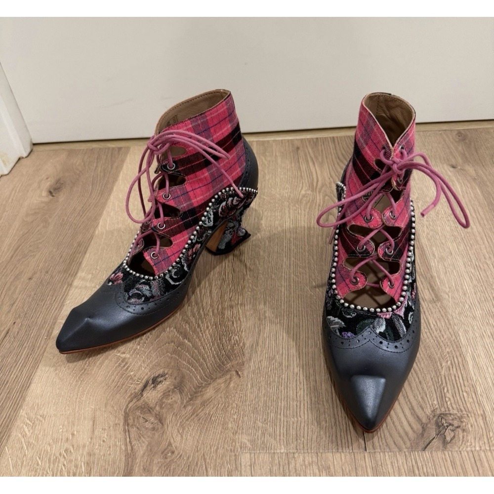 John Fluevog Germaine Pink Plaid/Tapestry Lace-Up Ankle Boots Fluevog Shoes 7.5